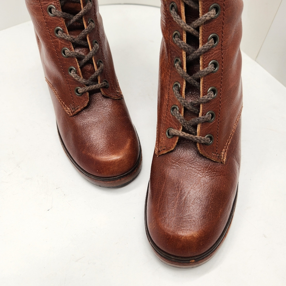 Vintage Thom McAn boots women 6.5 brown leather lace up knee high heel Made USA - Picture 8 of 16